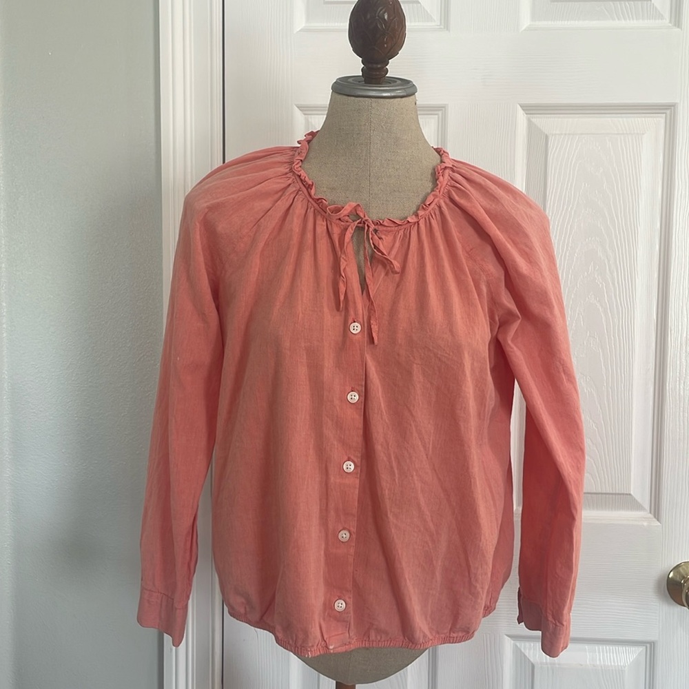 Ann Taylor loft Tie ruffle neck blouse 3/4 sleeve 100% cotton buttons size MP